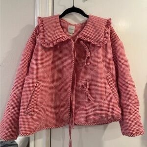 Maeve Red Gingham Checkered Ruffle Bow Tie Quilted Jacket